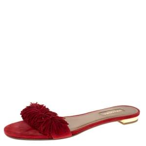 Pre Owned Aquazzura Red Suede Leather Wild Thing Fringe Flat Slide Size 37