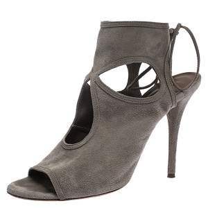 Pre Owned Aquazzura Grey Suede Leather Cutout Ankle Wrap Open Toe Sandals Size 38
