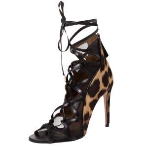 Pre Owned Aquazzura Brown Leopard Print Pony, Mesh And Leather Trim Lace Up Pumps Size 37