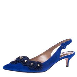 Pre Owned Aquazzura Blue Suede Embellished Exotic Pointed Toe Sandals Size 39