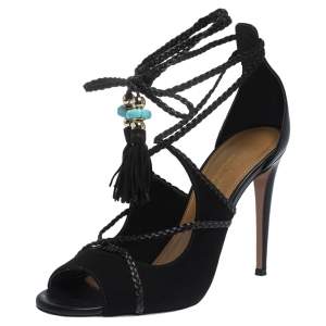 Pre Owned Aquazzura Black Suede And Leather Ankle Wrap Hero Sandals Size 37