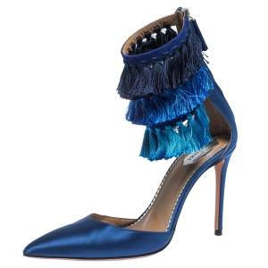 Pre Owned Claudia Schiffer For Aquazzura Blue Satin And Suede Tasseled Loulou Pumps Size 38