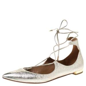 Pre Owned Aquazzura Gold Foil Leather Christy Lace Up Pointed Toe Flats Size 38