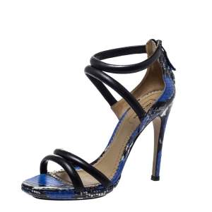 Pre Owned Aquazzura Black/Blue Leather And Snakeskin Cheeta Strappy Sandals Size 37