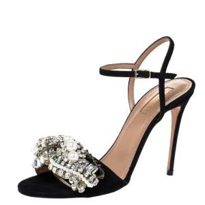 Pre Owned Aquazzura Black Suede Leather Crystal Embellished Ankle Strap Sandals Size 37