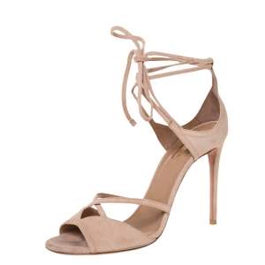 Pre Owned Aquazzura Powder Pink Suede Nathalie Ankle Wrap Sandals Size 39