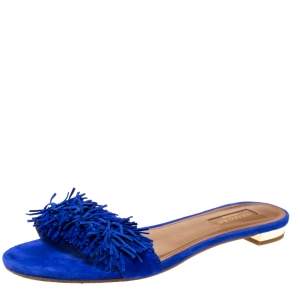 Pre Owned Aquazzura Blue Suede Wild Thing Fringed Flats Slides Size 38