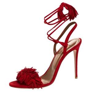 Pre Owned Aquazzura Red Suede Leather Wild Thing Fringe Details Ankle Wrap Sandals Size 39