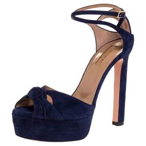Pre Owned Aquazzura Midnight Blue Suede Harlow Platform Sandals Size 37