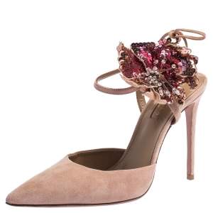 Pre Owned Aquazzura Beige Suede Disco Flower Embellished Ankle Tie Sandals Size 38.5