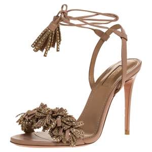 Pre Owned Aquazzura Pink Leather Wild Thing Embellished Fringe And Tassel Ankle Wrap Sandals Size 37.5