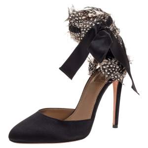Pre Owned Aquazzura Black Satin Feather Embellished Madison Ankle Tie Pumps Size 37