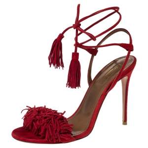 Pre Owned Aquazzura Red Suede Leather Wild Thing Fringe Details Ankle Wrap Sandals Size 37