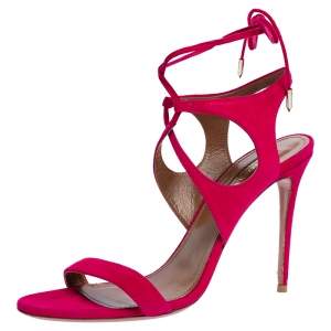 Pre Owned Aquazzura Pink Suede Leather Ankle Wrap Sandals Size 38