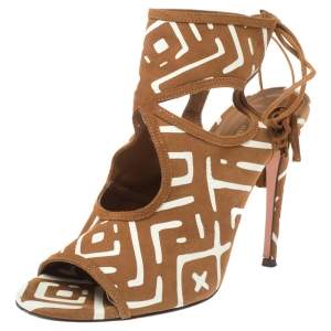 مملوكة مسبقًا Aquazzura Printed Brown/White Printed Suede Sexy Thing Cutout Sandals Size 37