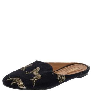 Pre Owned Aquazzura Navy Blue Canvas Tiger Embroidered Mules Flat Size 41