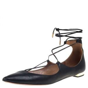 Pre Owned Aquazzura Black Leather Christy Flat Sandals Size 38.5