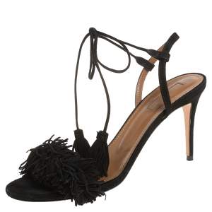 Pre Owned Aquazzura Black Fringed Suede Wild Thing Ankle Wrap Sandals Size 37
