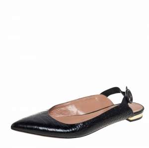 Pre Owned Aquazzura Black Croc Embossed Leather Slingback Sandals Size 36.5