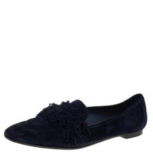 مملوكة مسبقًا Aquazzura Dark Blue Suede Wild Thing Fringe Ballet Flats Size 38.5