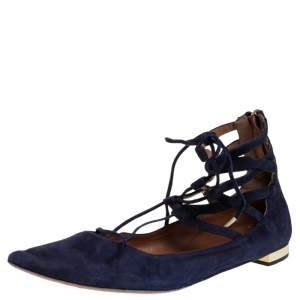 Pre Owned Aquazzura Navy Blue Suede Lace Up  Flats Size 41