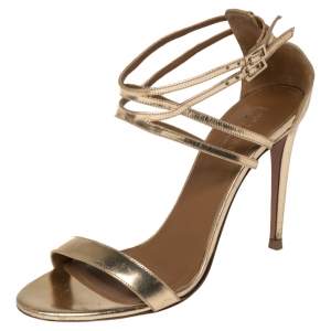 Pre Owned Aquazzura Gold Leather Lucille Open Toe Ankle Strap Sandals Size 39