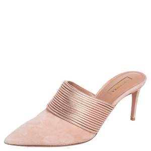 Pre Owned Aquazzura Beige/Rose Gold Suede and Leather Rendez  Vous Mules Size 37.5