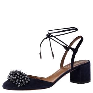 Aquazzura Dark Blue Suede Crystal Embellished Ankle Tie Block Heel Sandals Size 39
