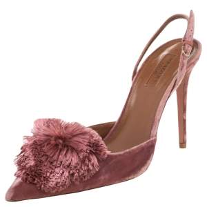 مملوكة مسبقًا Aquazzura Pink Velvet Powder Puff Pointed Toe Slingback Sandals Size 41