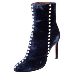 Aquazzura Navy Blue Velvet Follie Pearls Ankle Boots Size 38