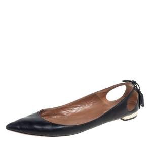 Pre Owned Aquazzura Black Leather Forever Marilyn Tassel Ballet Flats Size 39