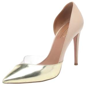 Pre Owned Aquazzura Gold-Beige Leather And PVC D'orsay Pumps Size 38