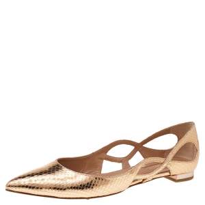 Pre Owned Aquazzura Gold Python Embossed Leather Ballet Flats Size 37