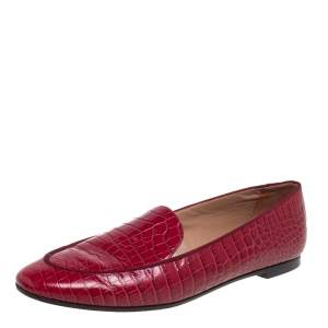 Aquazzura Burgundy Alligator Leather Slip On Loafers Size 37.5