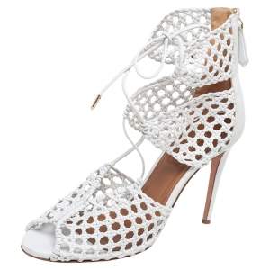 Pre Owned Aquazzura White Woven Leather Be My Lover Ankle Length Sandals Size 39.5