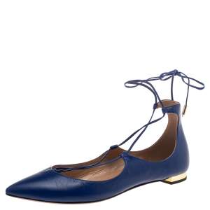 Pre Owned Aquazzura Blue Leather Poppy Delevingne Pointed Toe Ankle Wrap Flats Size 39