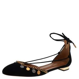 Pre Owned Aquazzura Black Suede Alexa Embellished Ankle Tie D'orsay Flats Size 40