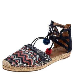 Pre Owned Aquazzura Multicolor Raffia And Suede Leather Belgravia Lace Up Espadrille Flat Sandals Size 39.5