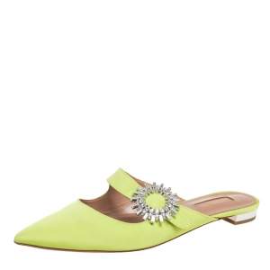 Pre Owned Aquazzura Green Canvas Crystal Embellished Pointed Toe Flat Mules Size 39