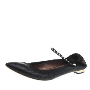 Pre Owned Aquazzura Black Leather Pearl Embellished Ballet Flats Size 38.5