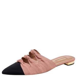 Pre Owned Aquazzura Beige/Black Fabric Twist Cap Toe Mules Size 38.5