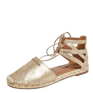 Pre Owned Aquazzura Gold Glitter Suede Ankle Wrap Espadrille Flat Sandals Size 38.5