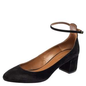 Pre Owned Aquazzura Black Suede Alix Ankle Strap Block Heel Pumps Size 39