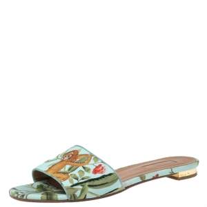 Pre Owned Aquazzura Sky Blue Leather Flower Print Flat Sandals Size 37