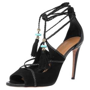Pre Owned Aquazzura Black Suede And Leather Hero Ankle Wrap Sandals Size 41