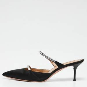 Pre Owned Aquazzura Black Satin Crystal Embellished Mule Sandals Size 38