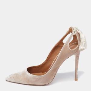 Pre Owned Aquazzura Beige Velvet Tassel Tie Marilyn Pumps Size 37   
