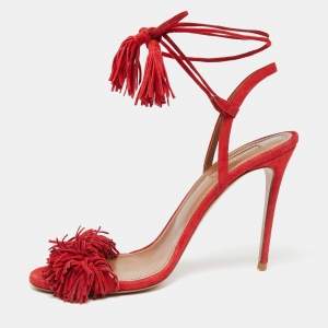Pre Owned Aquazzura Red Fringed Suede Wild Thing Ankle Wrap Sandals Size 38