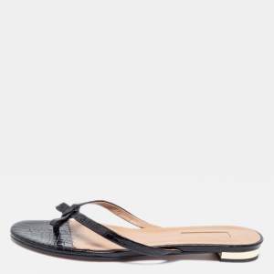 Pre Owned Aquazzura Black Croc Embossed Leather Riva Flat Slides Size 37