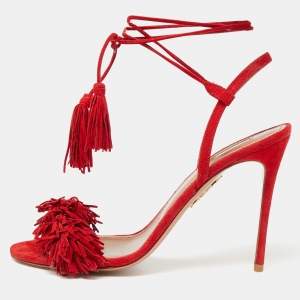 Pre Owned Aquazzura Red Suede Wild Thing Fringe Ankle Wrap Sandals Size 38